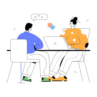 Ofiste dizüstü bilgisayarı olan kadın ve erkek. vektör illüstrasyonu