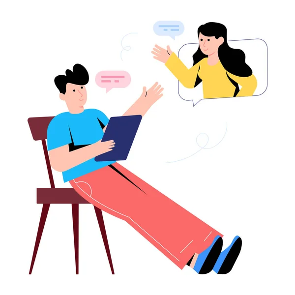 Junges Paar Sitzt Tisch Und Arbeitet Mit Laptop Und Plaudert — Stockvektor
