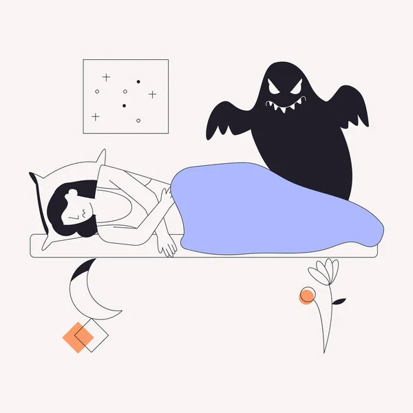 Vector Illustration Woman Sleeping Nightmare — Stock Vector