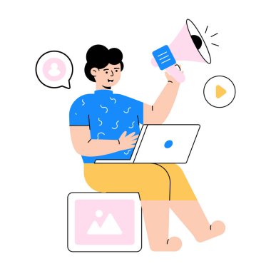 Dizüstü bilgisayarı ve akıllı telefon vektör çizimi tasarımı olan genç adam