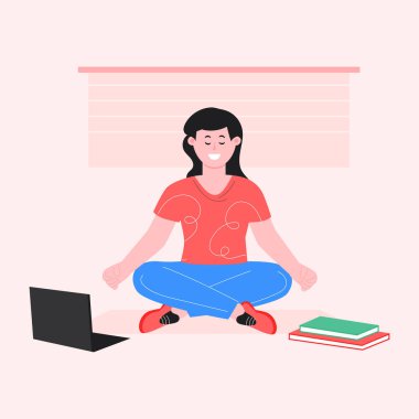 Dizüstü bilgisayarlı genç bir kadın yoga vektör çizimi yapıyor.