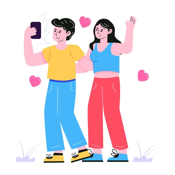 Couple Prenant Selfie Avec Conception Illustration Vectorielle Smartphone — Image vectorielle