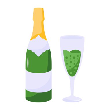 Bir bardak ve bir şişe şampanyanın vektör çizimi