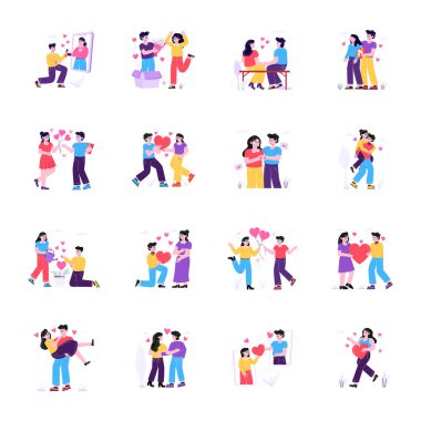 Bir grup insan ve ilişki logosu. Ağ için kadın ve erkek hisse senedi seti.