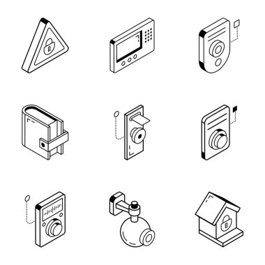 9 ve teknoloji ikonunun vektör çizimi. Web için cctv ve sistem stok sembolü koleksiyonu.
