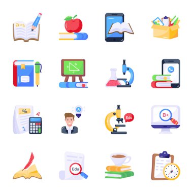 Eğitim ikonları ayarlandı. Web için simgelerin karikatür çizimi