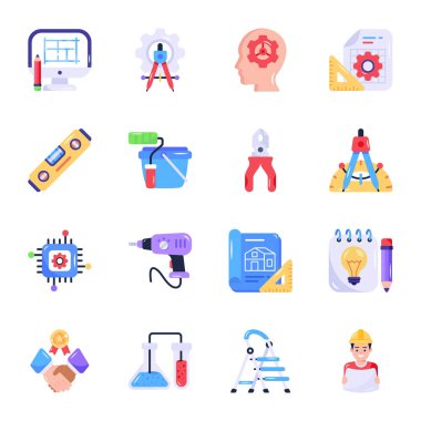 Düz simge tasarımı, eğitim, bilim ve geliştirme seti. vektör illüstrasyonu