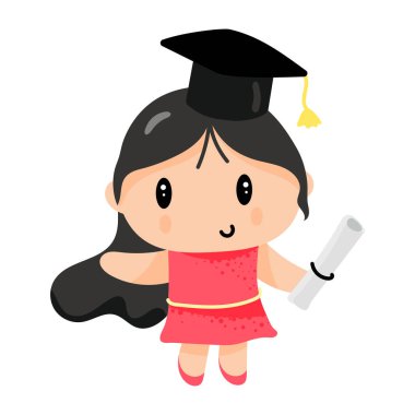 Mezuniyet şapkası ve diploma tasarımı çizimi olan sevimli küçük bir kız.