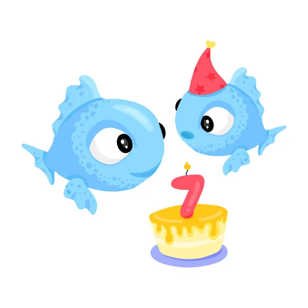 Cute Kreskówki Ilustracja Tort Urodzinowy Rybami — Wektor stockowy