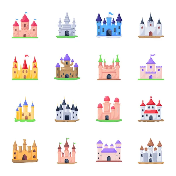 Burgturmsymbole Cartoon Illustration Mittelalterlicher Altbauten Vektor Icons Für Das Web — Stockvektor