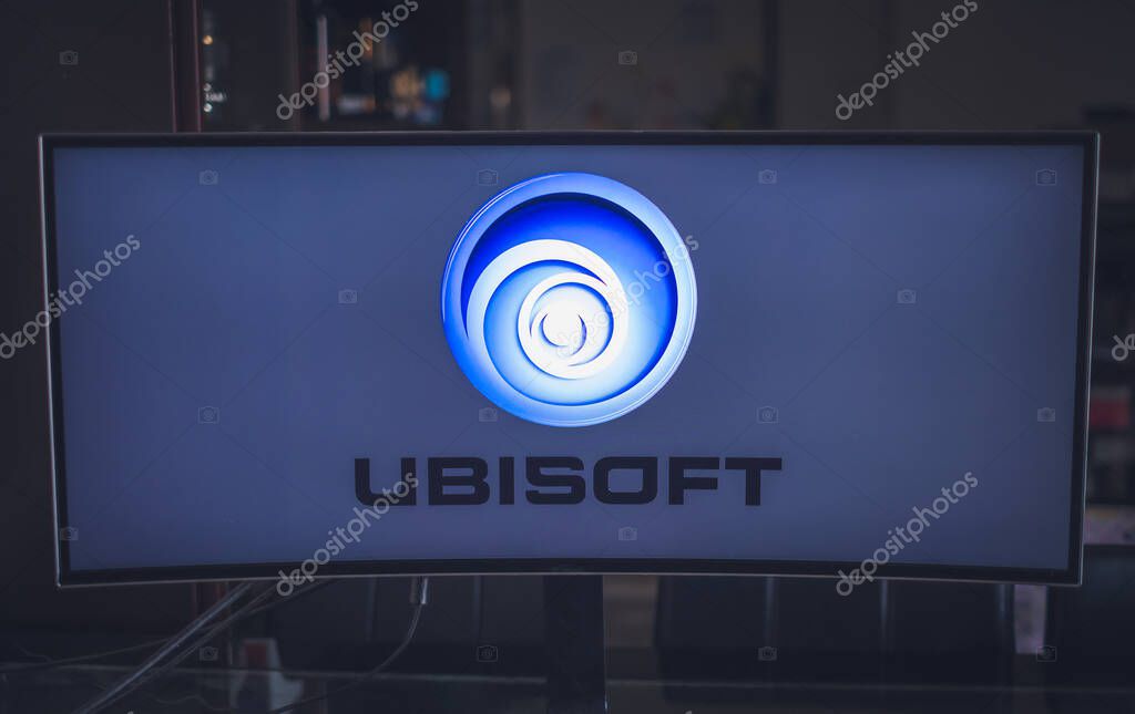 A monitor shows the logo of Ubisoft software which is a software house producer of video games, famous for games as Assassins Creed an Far Cry in Bologna, Italy, 10 March 2021