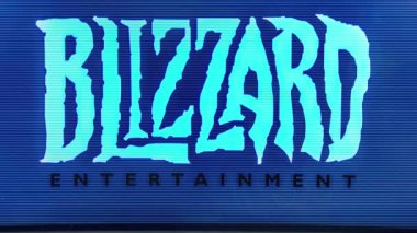 Taramalı monitörde Blizzard Entertainment 'in logosu görülüyor. Oyun yapımcısı, oyunlarıyla ünlü Warcraft, Diablo ve Starcraft, Bologna, İtalya, 10 Mart 20121