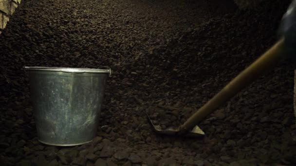 Un uomo carica carbone marrone con una pala da una pila in un secchio — Video Stock