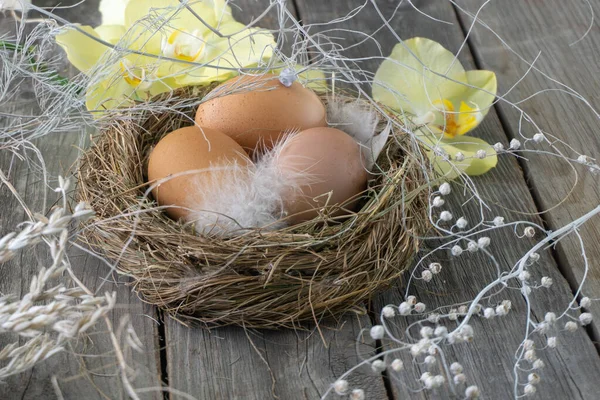 用干草制成的复活节鸟巢，用黄色的花和草装饰着褐色的鸡蛋，背景是木制的。神圣的复活节假期的概念 图库图片