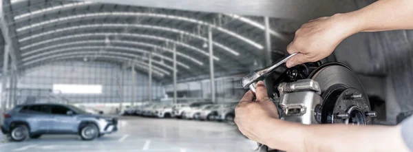 Car Service Concept Photo Hand Man Holding Wrench Repairing Car — Fotografia de Stock