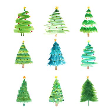 Beyaz arkaplanda Noel Ağacı suluboya