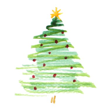 Beyaz arkaplanda Noel Ağacı suluboya