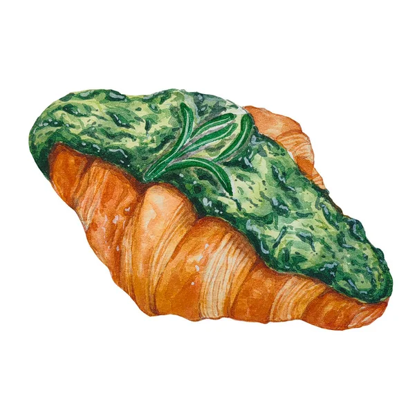 Watercolor Painting Spinach Cheese Croissants — Stock Photo, Image