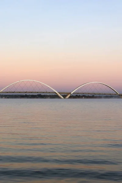 Dawn Bridge Brasilia Brazil Fog Paranoa Lake — Stockfoto