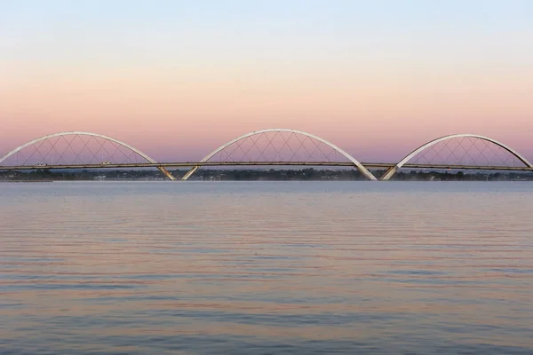 Dawn Bridge Brasilia Brazil Fog Paranoa Lake — Stok fotoğraf