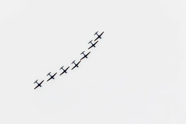 Silhouette of seven single engine planes flying lined up in the sky. Sports and leisure.