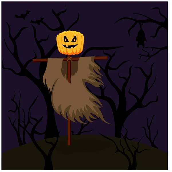 Halloween-Vogelscheuche mit Kürbiskopf steht inmitten eines gruseligen Waldes — Stockvektor