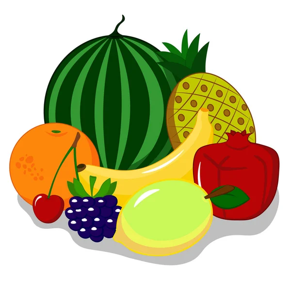 Set of fruits on a white background: watermelon, pineapple, pomegranate, orange, banana, cherry, blackberry, mango — Stock Vector