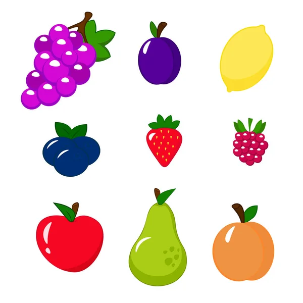 Conjunto de frutas sobre un fondo blanco pera, melocotón, arándano, fresa, ciruela, limón, frambuesa, manzana, uvas — Archivo Imágenes Vectoriales