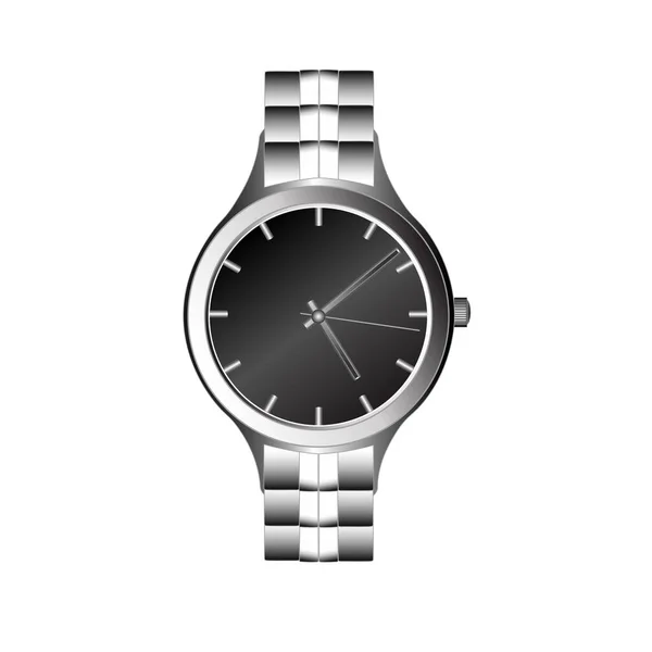 Armbanduhr mit schwarzem Zifferblatt und Metallgehäuse — Stockvektor