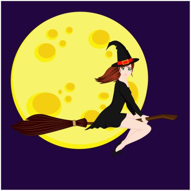 Ayın arka planında uçan bir cadı.