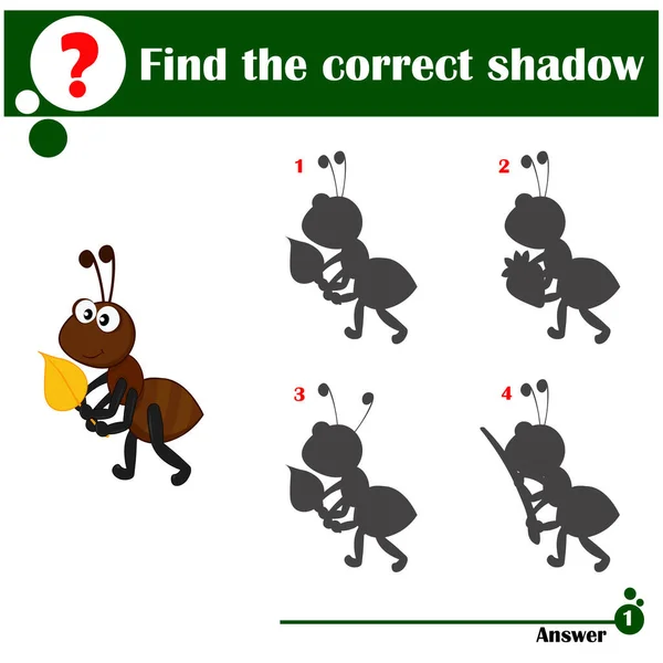 Doğru gölgeyi bul. Çocuklar için eğitici bir oyun. Yaprak taşıyan sevimli karınca. Çizgi film vektör illüstrasyonu