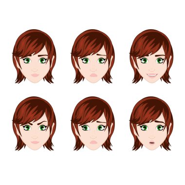 Farklı duyguları olan bir grup kızın yüzleri: üzüntü, üzüntü, sürpriz, neşe, kahkaha, öfke. Çocuklar için çizgi film vektör çizimi