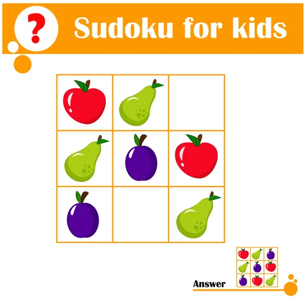 Çocuklar için eğitici matematik oyunu. Meyve sudokusu. Çocuklar için çizgi film vektör çizimi