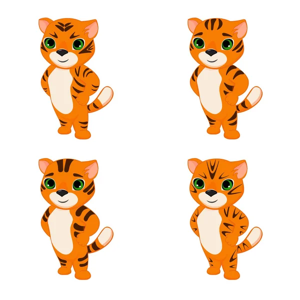 Sada Roztomilých Tygrů Kreslený Vektorový Ilustrace Pro Děti — Stockový vektor