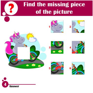 Bulmaca oyunu. Çocuklar için eğitici oyunlar. Resmin kayıp parçasını bul. Şirin tek boynuzlu at pistte bisiklet sürüyor. Çocuklar için çizgi film vektör çizimi