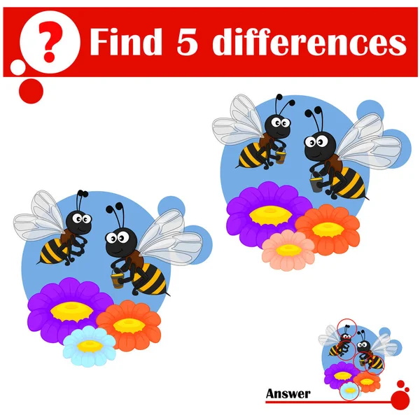 Lernspiel Für Kinder Finden Sie Unterschiede Biene Mit Einem Eimer — Stockvektor