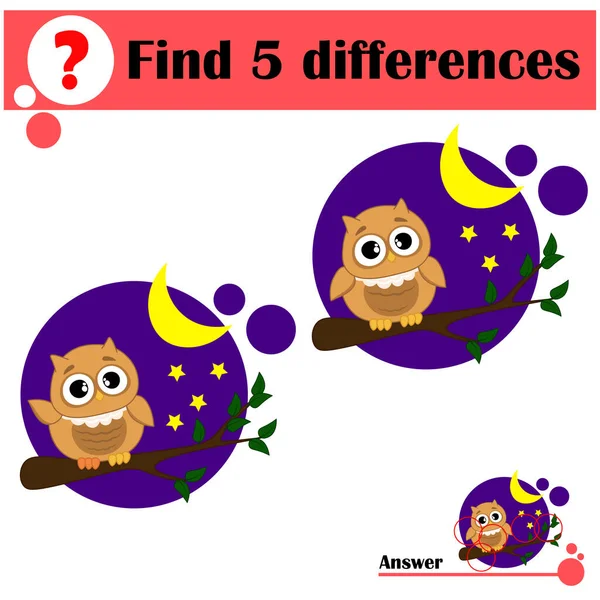 Çocuklar için eğitici bir oyun. 5 farklılık bul. Geceleri tatlı bir baykuş bir dala oturur. Çocuklar için çizgi film vektör çizimi