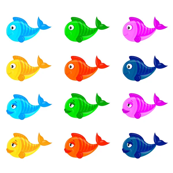 Ένα Σετ Χαριτωμένα Πολύχρωμα Ψάρια Εικονογράφηση Φορέα Κινουμένων Σχεδίων Για — Διανυσματικό Αρχείο