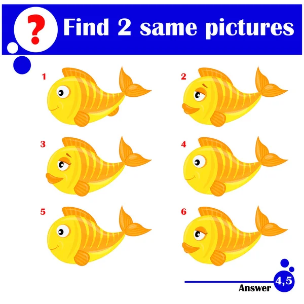 Çocuklar için eğitici bir oyun. Aynı iki resmi bul. Bir sürü tatlı akvaryum balığı. Çocuklar için çizgi film vektör çizimi