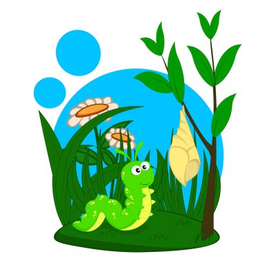 Çocuklar için konu vektör illüstrasyonu. Çizgi film tırtılı kozaya bakıyor.