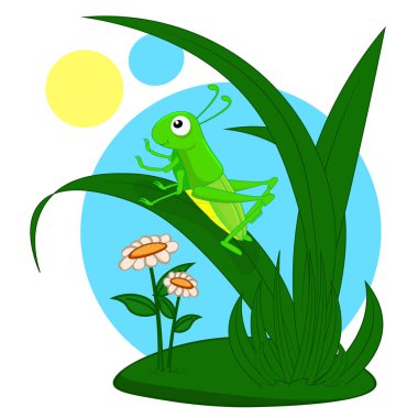 Şirin yeşil bir çekirge bir çim yaprağının üzerinde oturur. Çocuklar için çizgi film vektör çizimi