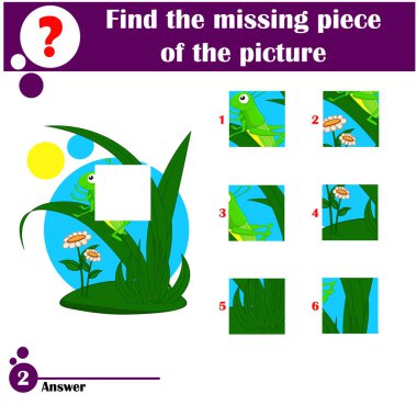 Yapbozun çizgi film vektör illüstrasyonu. Çekirgeli anaokulu çocukları için bulmaca eğitimi oyunu