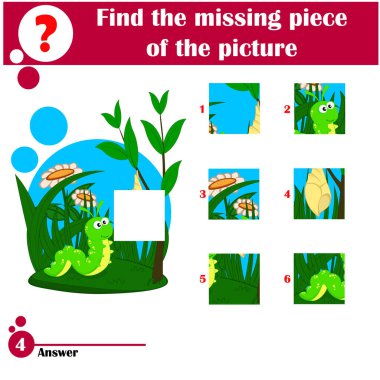 Yapbozun çizgi film vektör illüstrasyonu. Tırtıl ve kozalı anaokulu çocukları için bulmaca eğitimi oyunu