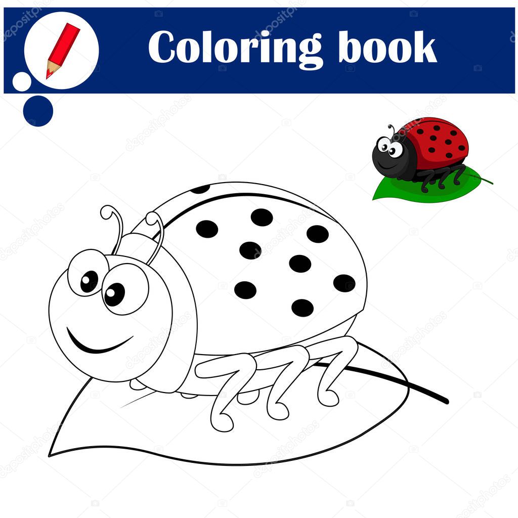 Coloring book to educate kids. Visual educational game. Coloring pages. Cute ladybug on a green leaf. Cartoon vector illustration for kids