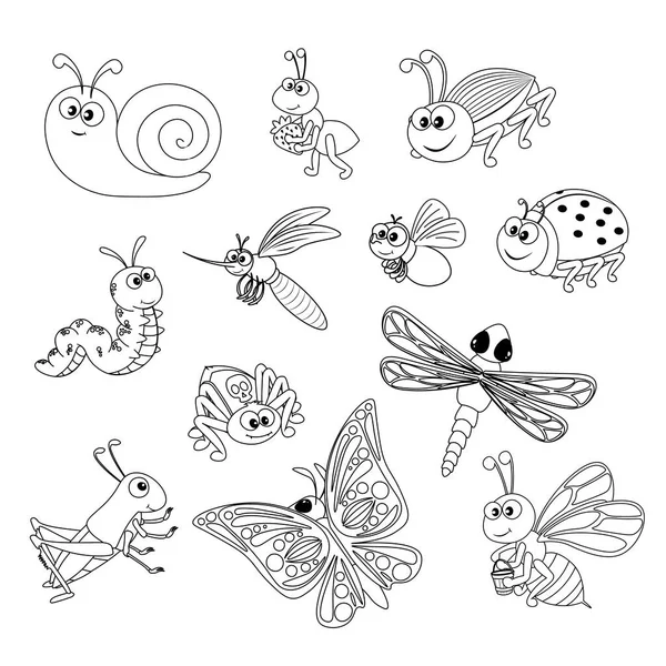 Bir grup şirin böcek arı çekirgesi yusufçuk böceği sinek sinek sinek sineği kelebek tırtıl solucan uğur böceği hamamböceği. Çocuklar için çizgi film vektör çizimi