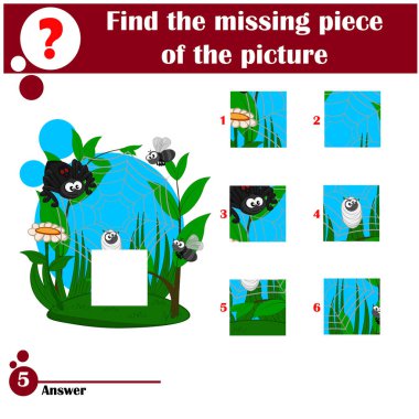 Anaokulu çocukları için yapboz oyununun çizgi film çizimi. Bir örümcek ağda bir sinek yakaladı.