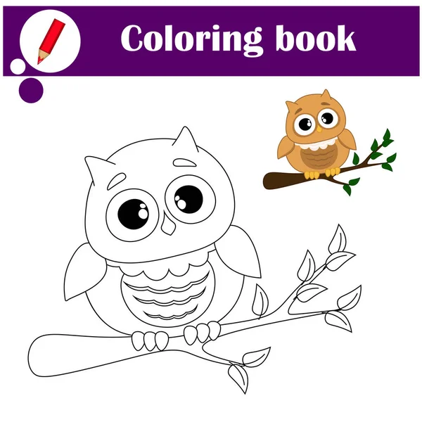 Çocuklar çocuk resimleri boyuyor, anaokulu ödevlerini öğreniyorlar. Daldaki sevimli baykuş. Çocuklar için çizgi film vektör çizimi