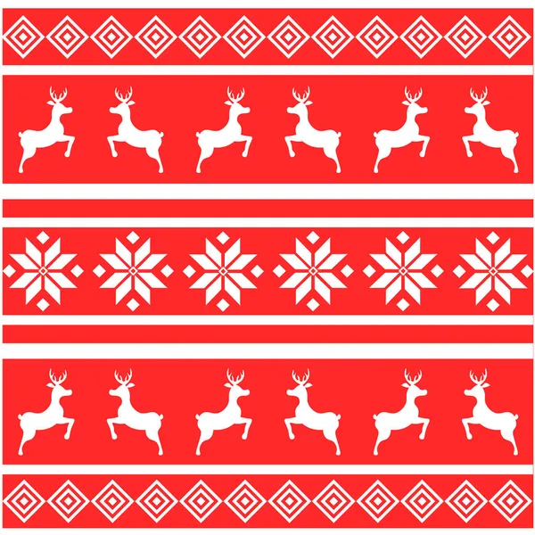 Beyaz geyikli kış süsü ve kırmızı arka planda yıldızlar. Desen