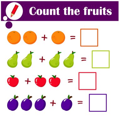 Eğitici bir matematik oyunu. Çocuklar için mantıklı bir görev. Meyveleri say.