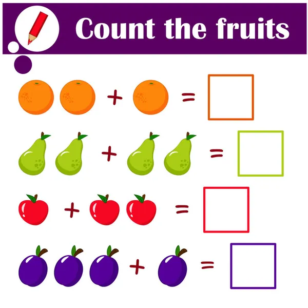 Wykształcenie gra matematyczna. Logiczne zadanie dla dzieci. Policz owoce. — Wektor stockowy